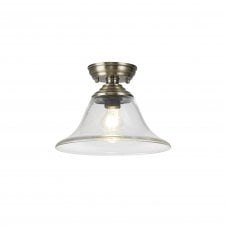 WINSLET 1 Light Flush Ceiling | Antique Brass & Clear Glass Shade (30cm)