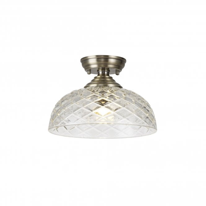 WINSLET 1 Light Flush Ceiling | Antique Brass & Patterned Glass Shade (30cm)