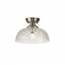 WINSLET 1 Light Flush Ceiling | Antique Brass & Patterned Glass Shade (30cm)