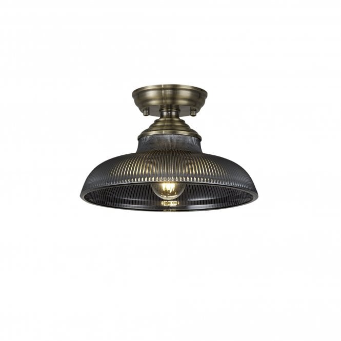 WINSLET 1 Light Flush Ceiling | Antique Brass & Smoked Glass Shade (30cm)