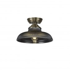 WINSLET 1 Light Flush Ceiling | Antique Brass & Smoked Glass Shade (30cm)