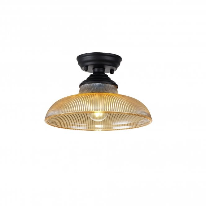 WINSLET 1 Light Flush Ceiling | Matt Black & Amber Glass Shade (30cm)