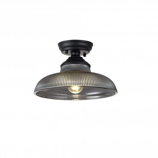 WINSLET 1 Light Flush Ceiling | Matt Black and Smoked Glass Shade (30cm)