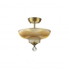WINSLET 2 Light Semi Flush Ceiling | Antique Brass and Amber Glass Shade (30cm)