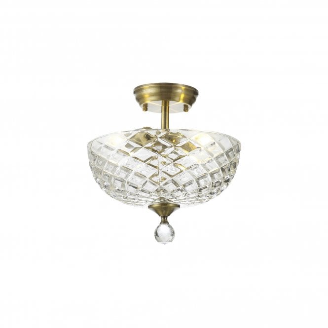 WINSLET 2 Light Semi Flush Ceiling | Antique Brass & Clear Patterned Dome Glass Shade (30cm)