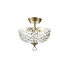 WINSLET 2 Light Semi Flush Ceiling | Antique Brass & Clear Patterned Dome Glass Shade (30cm)
