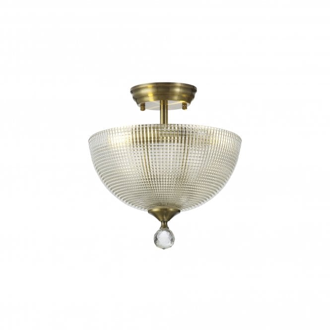 WINSLET 2 Light Semi Flush Ceiling | Antique Brass & Clear Prismatic Glass (30cm)