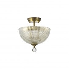 WINSLET 2 Light Semi Flush Ceiling | Antique Brass & Clear Prismatic Glass (30cm)