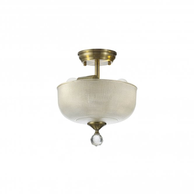 WINSLET 2 Light Semi Flush Ceiling | Antique Brass & Prismatic Glass Shade (26.5cm)