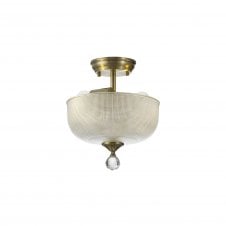 WINSLET 2 Light Semi Flush Ceiling | Antique Brass & Prismatic Glass Shade (26.5cm)