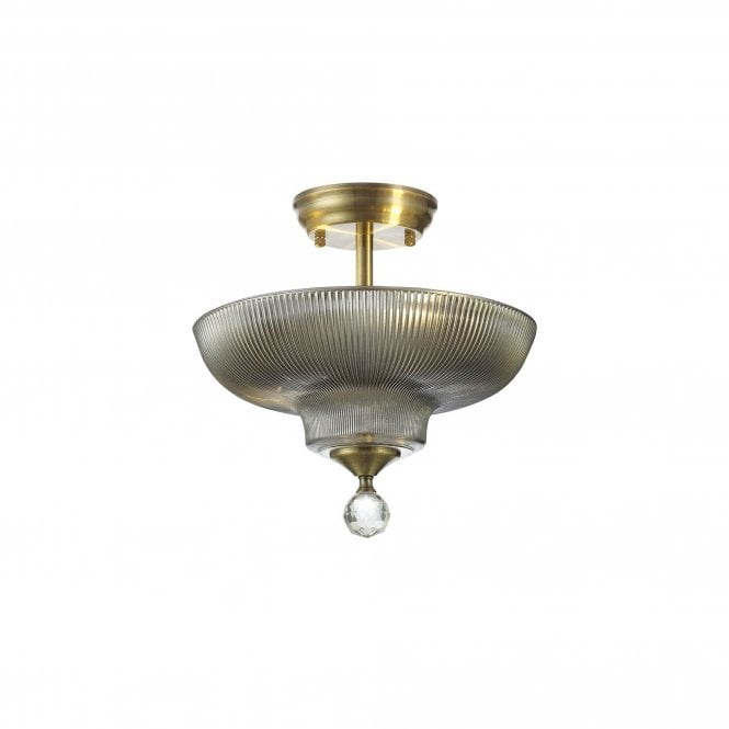 WINSLET 2 Light Semi Flush Ceiling | Antique Brass & Smoked Glass Shade (30cm)
