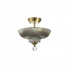 WINSLET 2 Light Semi Flush Ceiling | Antique Brass & Smoked Glass Shade (30cm)