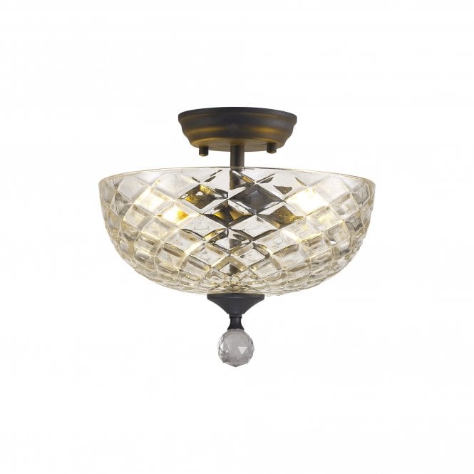 WINSLET 2 Light Semi Flush Ceiling | Graphite & Clear Patterned Glass Shade (30cm)