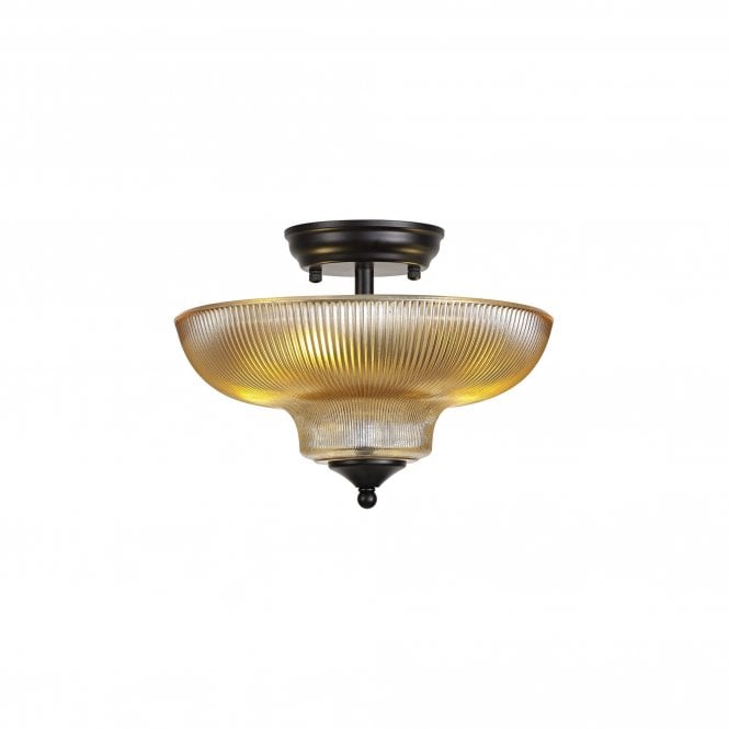 WINSLET 2 Light Semi Flush Ceiling | Matt Black and Amber Glass Shade (30cm)