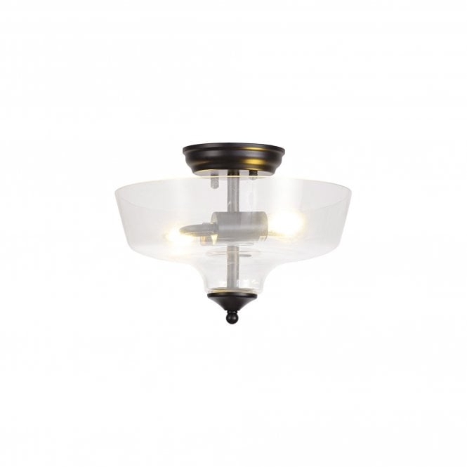 WINSLET 2 Light Semi Flush Ceiling | Matt Black & Clear Glass Shade (30cm)