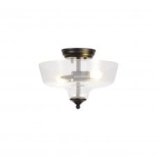 WINSLET 2 Light Semi Flush Ceiling | Matt Black & Clear Glass Shade (30cm)