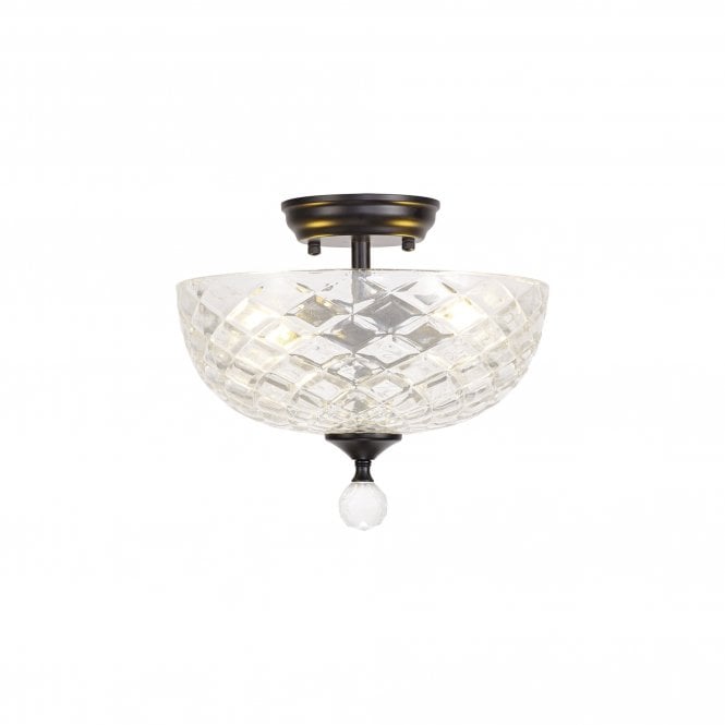 WINSLET 2 Light Semi Flush Ceiling | Matt Black & Patterned Clear Glass Shade (30cm)