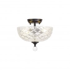WINSLET 2 Light Semi Flush Ceiling | Matt Black & Patterned Clear Glass Shade (30cm)