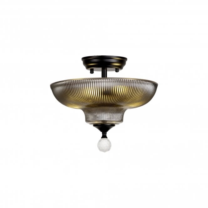 WINSLET 2 Light Semi Flush Ceiling | Matt Black & Smoked Glass Shade (30cm)