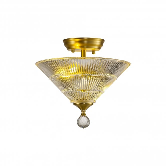 WINSLET 2 Light Semi Flush Ceiling | Satin Gold and Ribbed Glass Shade (30cm)