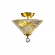 WINSLET 2 Light Semi Flush Ceiling | Satin Gold and Ribbed Glass Shade (30cm)