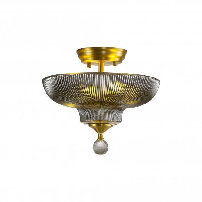 WINSLET 2 Light Semi Flush Ceiling | Satin Gold and Smoked Glass Shade (30cm)