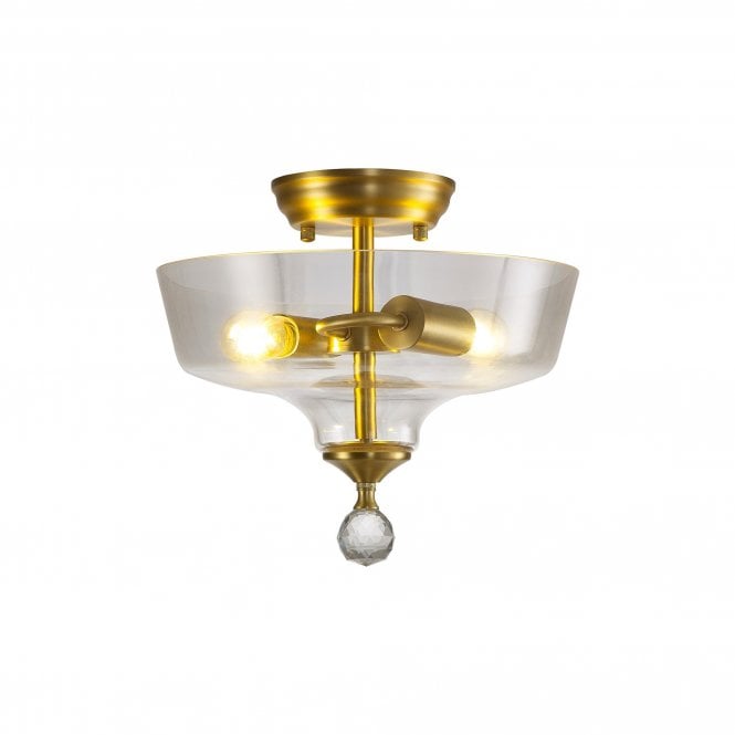 WINSLET 2 Light Semi Flush Ceiling | Satin Gold & Clear Glass Shade (30cm)