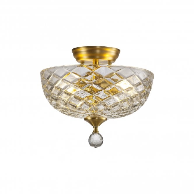 WINSLET 2 Light Semi Flush Ceiling | Satin Gold & Clear Patterned Glass Shade (30cm)