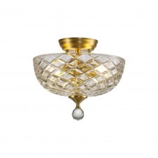 WINSLET 2 Light Semi Flush Ceiling | Satin Gold & Clear Patterned Glass Shade (30cm)