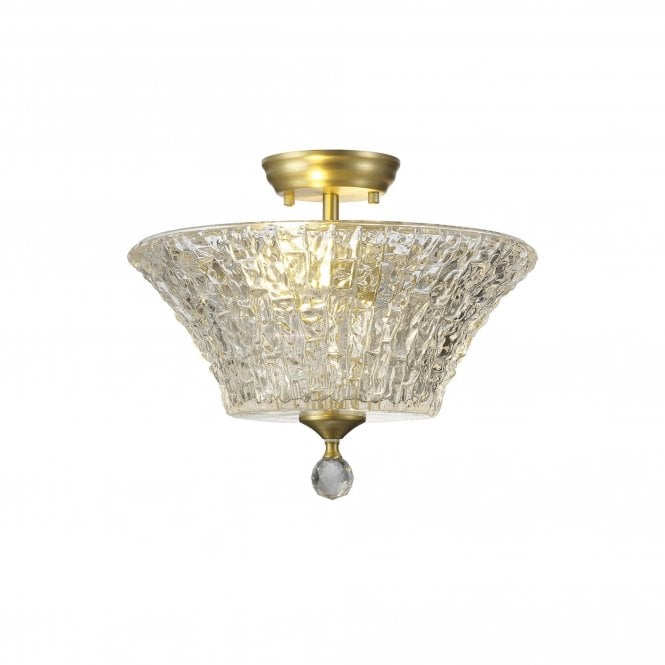 WINSLET 2 Light Semi Flush Ceiling | Satin Gold & Clear Patterned Glass Shade (38cm)