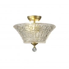 WINSLET 2 Light Semi Flush Ceiling | Satin Gold & Clear Patterned Glass Shade (38cm)