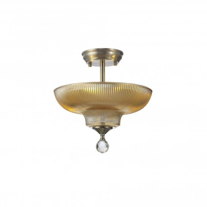 WINSLET 2 Light Semi Flush Ceiling | Satin Nickel & Amber Glass Shade (30cm)