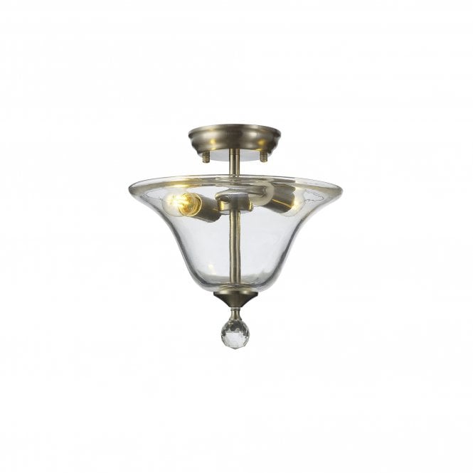 WINSLET 2 Light Semi Flush Ceiling | Satin Nickel & Clear Bell Glass Shade (30cm)