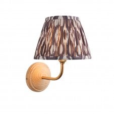 wood & brass wall light with grey ikat pattern shade