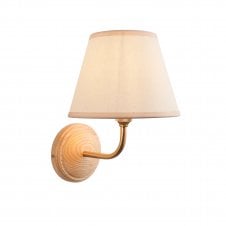 wood & brass wall light with white tapered lampshade