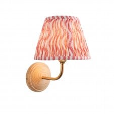 wood & brass wall light with pink ripple pattern shade