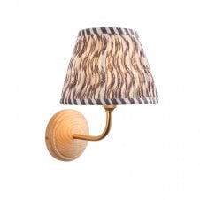 wood & brass wall light with grey ripple pattern shade