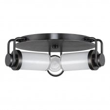flush ceiling light in an urban bronze finish with thee opal glass shades