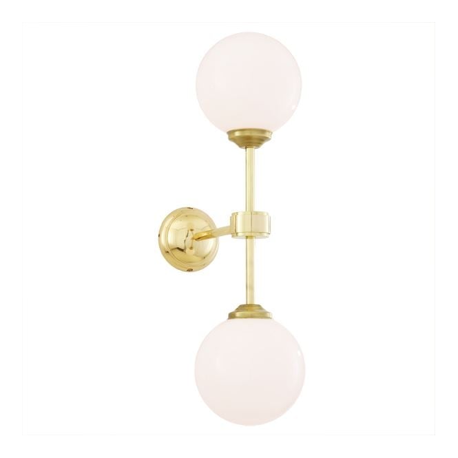 YAOUNDE twin polished brass wall light with opal glass globes