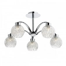 YASMIN 5lt semi flush modern ceiling light in chrome with clear ribbed glass shades and mesh inners