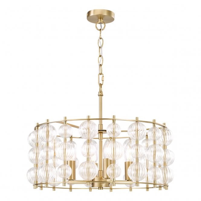Yuridia 4 Light Ceiling Pendant in Satin Gold and Ribbed Glass Spheres