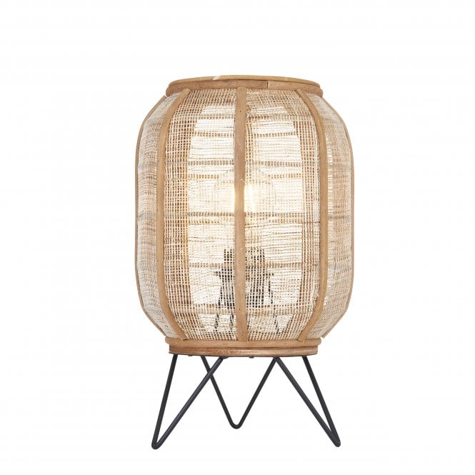 ZAIRE Wood and Natural Bamboo Linen Table Lamp with Black Metal Legs