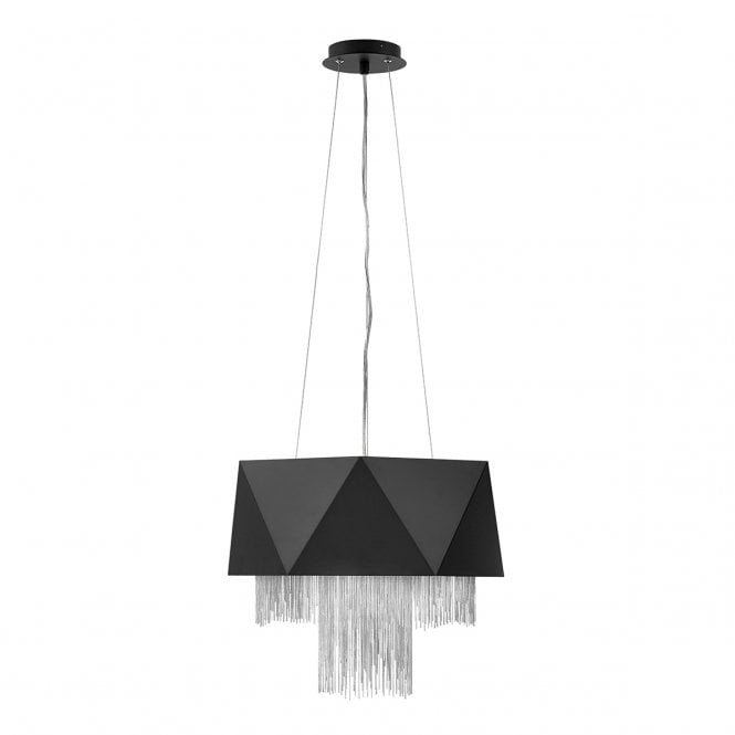 ZUMA 6 Light Pendant Black Geometric teamed with silver Chain fringing.