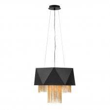 Black ceiling light with a curtain of fine chain fringing.